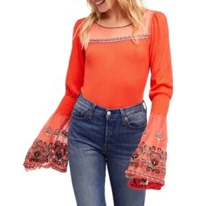 Free People High Tides Top Vibrant Orange Blouse with Bell Sleeves